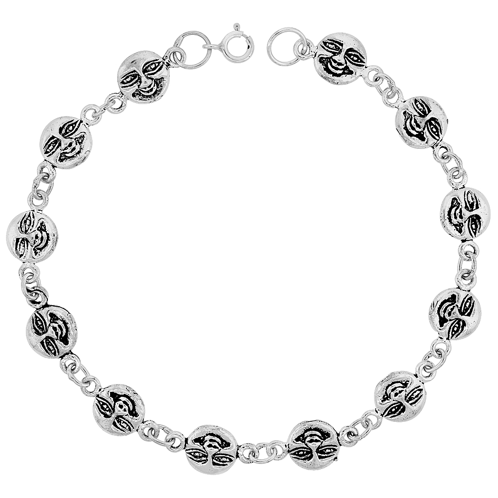 Dainty Sterling Silver Happy Face Bracelet for Women and Girls, 3/8 wide 7.5 inch long
