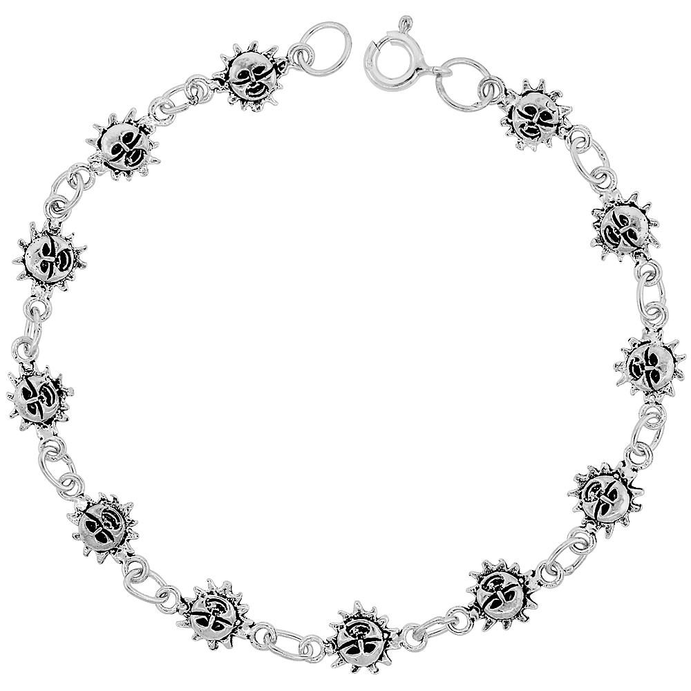 Dainty Sterling Silver Sun Bracelet for Women and Girls, 1/4 wide 7.5 inch long