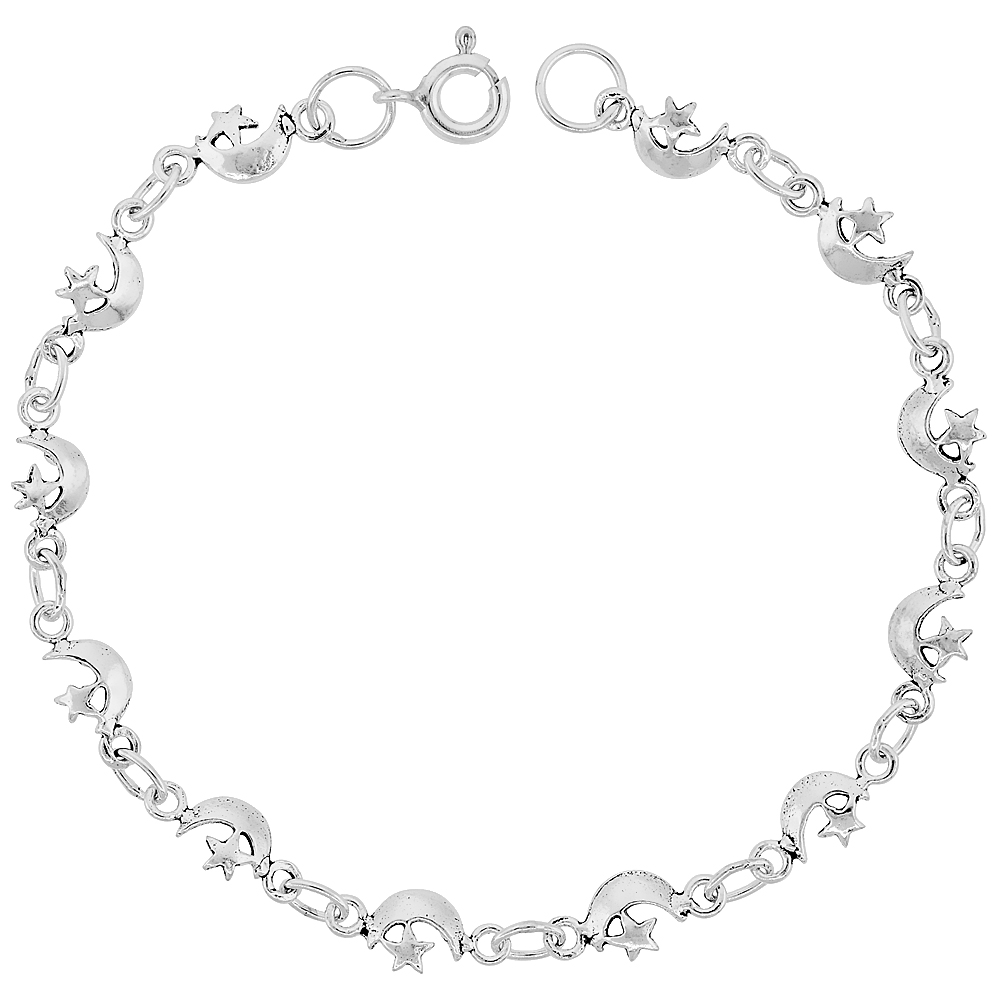 Dainty Sterling Silver Moon and Star Bracelet for Women and Girls, 1/4 wide 7.5 inch long