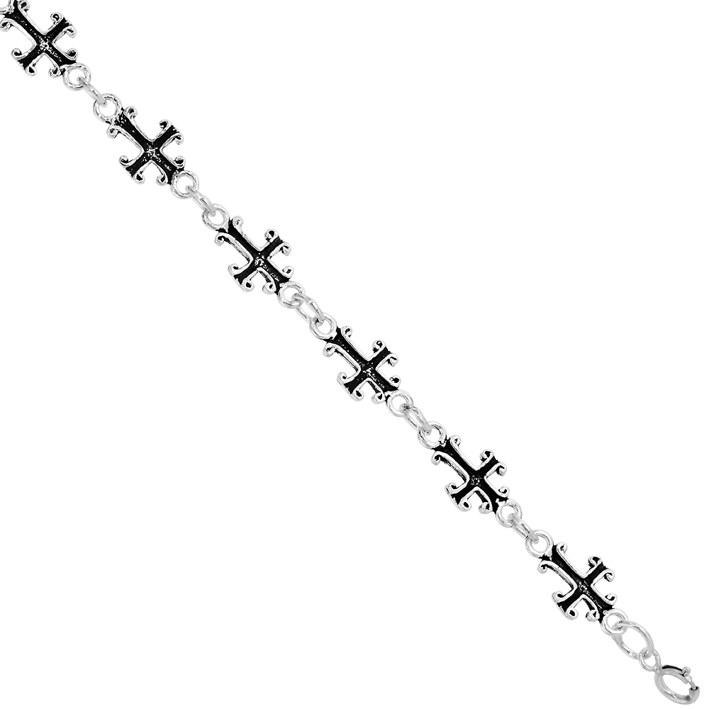 Dainty Sterling Silver Cross Bracelet for Women and Girls, 5/16 wide 7.5 inch long