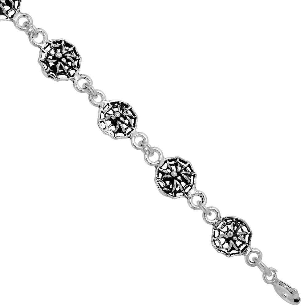 Dainty Sterling Silver Spider and Web Bracelet for Women and Girls, 3/8 wide 7.5 inch long