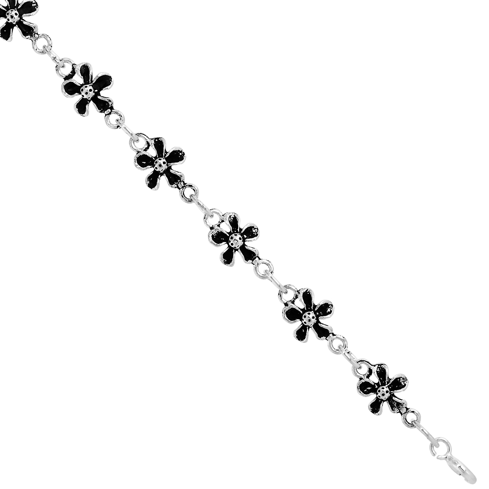 Dainty Sterling Silver Flower Bracelet for Women and Girls, 3/8 wide 7.5 inch long