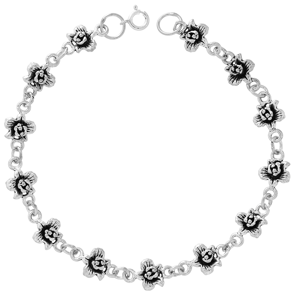 Dainty Sterling Silver Flower Bracelet for Women and Girls, 1/4 wide 7.5 inch long