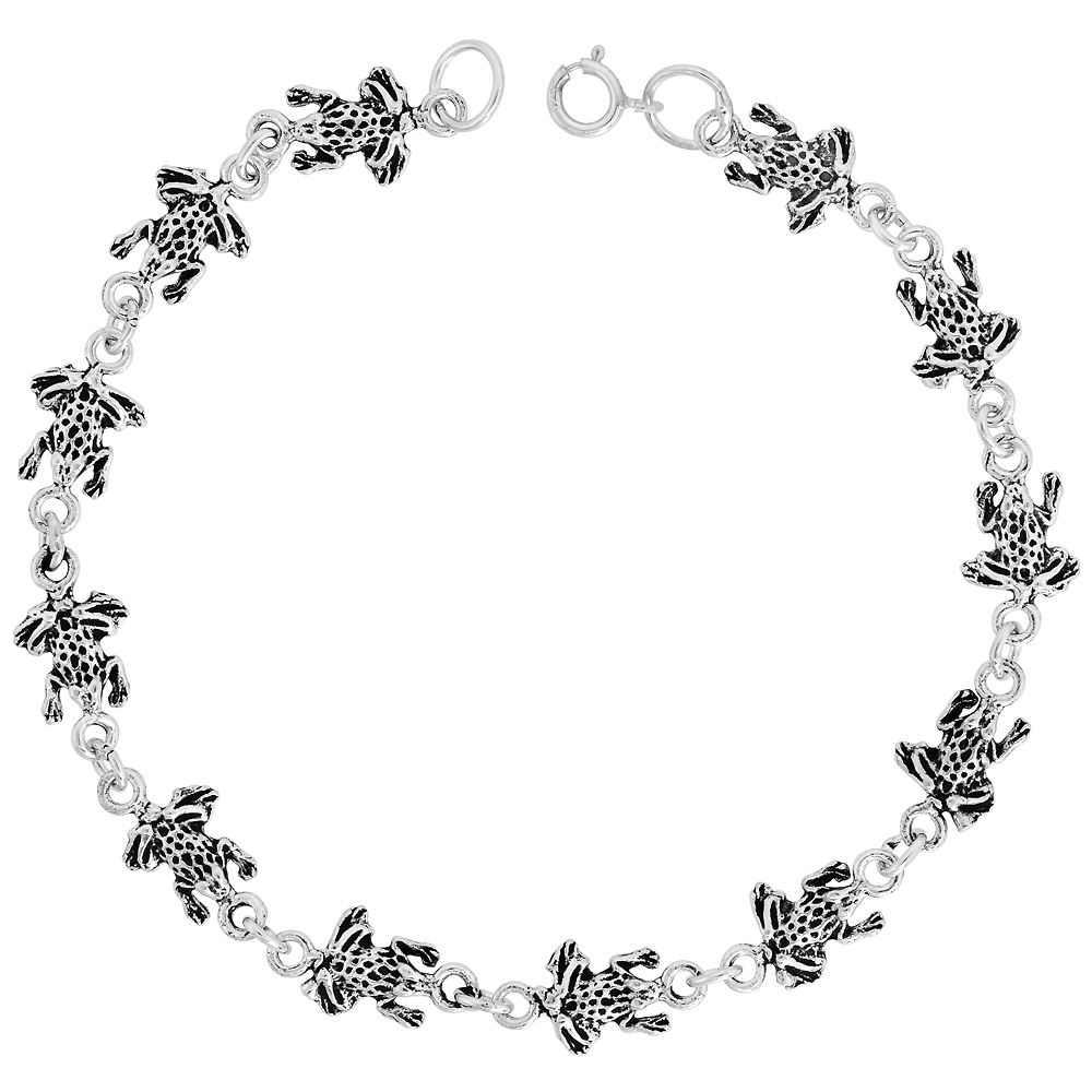 Dainty Sterling Silver Frog Bracelet for Women and Girls, 1/4 wide 7.5 inch long