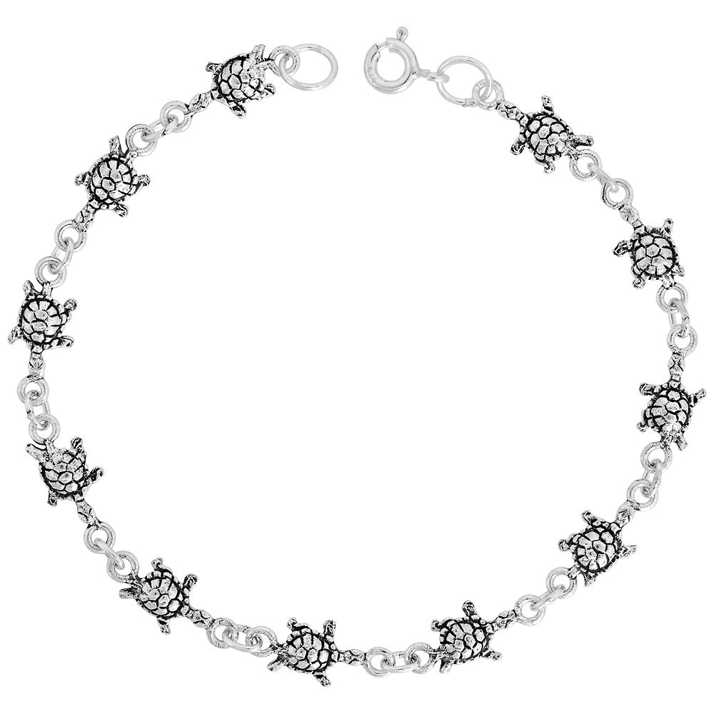 Dainty Sterling Silver Turtle Bracelet for Women and Girls, 5/16 wide 7.5 inch long