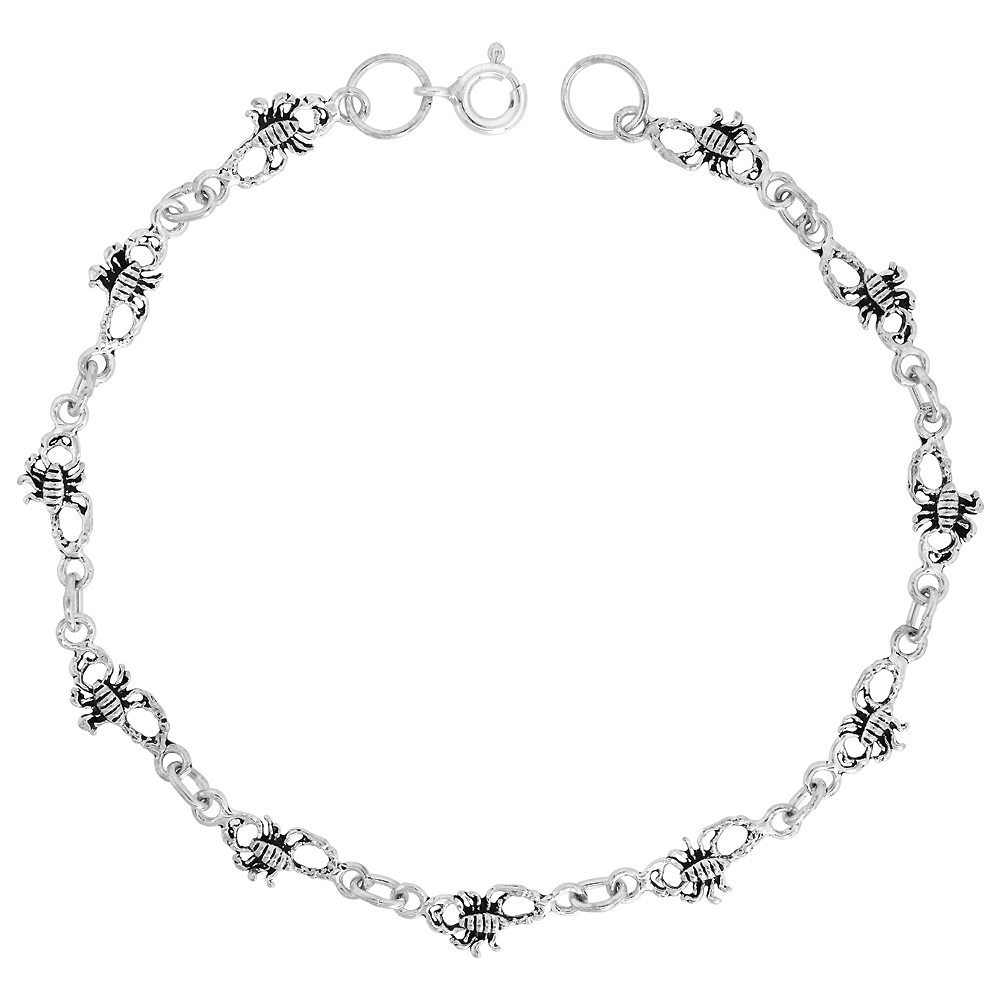 Dainty Sterling Silver Scorpion Bracelet for Women and Girls, 1/4 wide 7.5 inch long
