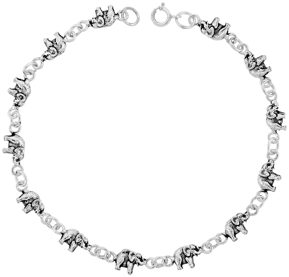 Dainty Sterling Silver Elephant Bracelet for Women and Girls, 3/16 wide 7.5 inch long