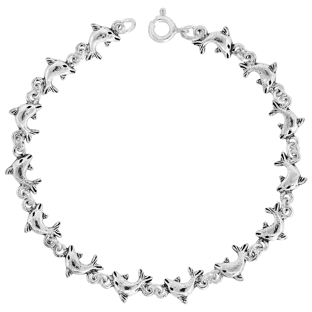 Dainty Sterling Silver Dolphin Bracelet for Women and Girls, 1/4 wide 7.5 inch long