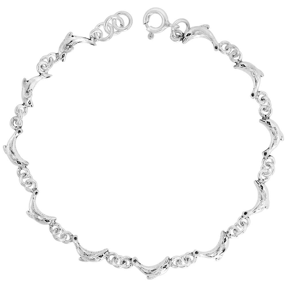 Dainty Sterling Silver Dolphin Bracelet for Women and Girls, 1/4 wide 7.5 inch long