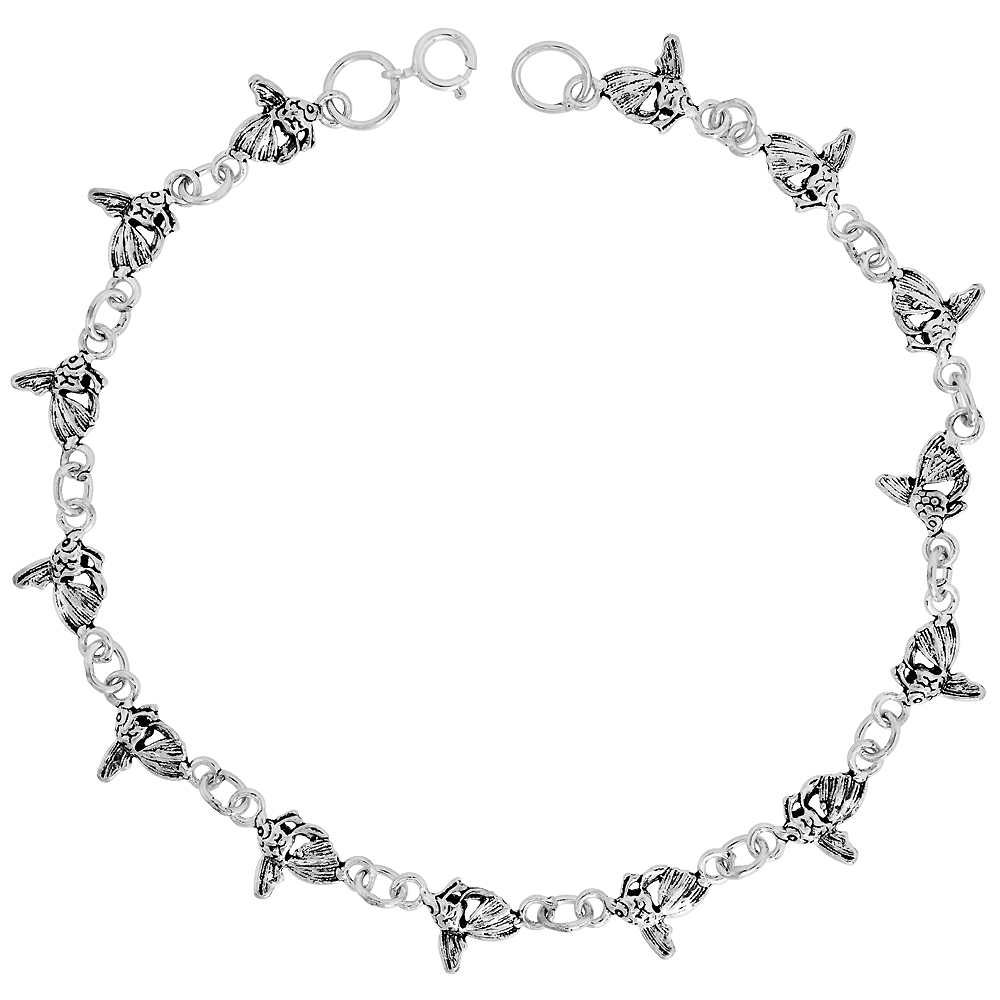 Dainty Sterling Silver Fish Bracelet for Women and Girls, 5/16 wide 7.5 inch long