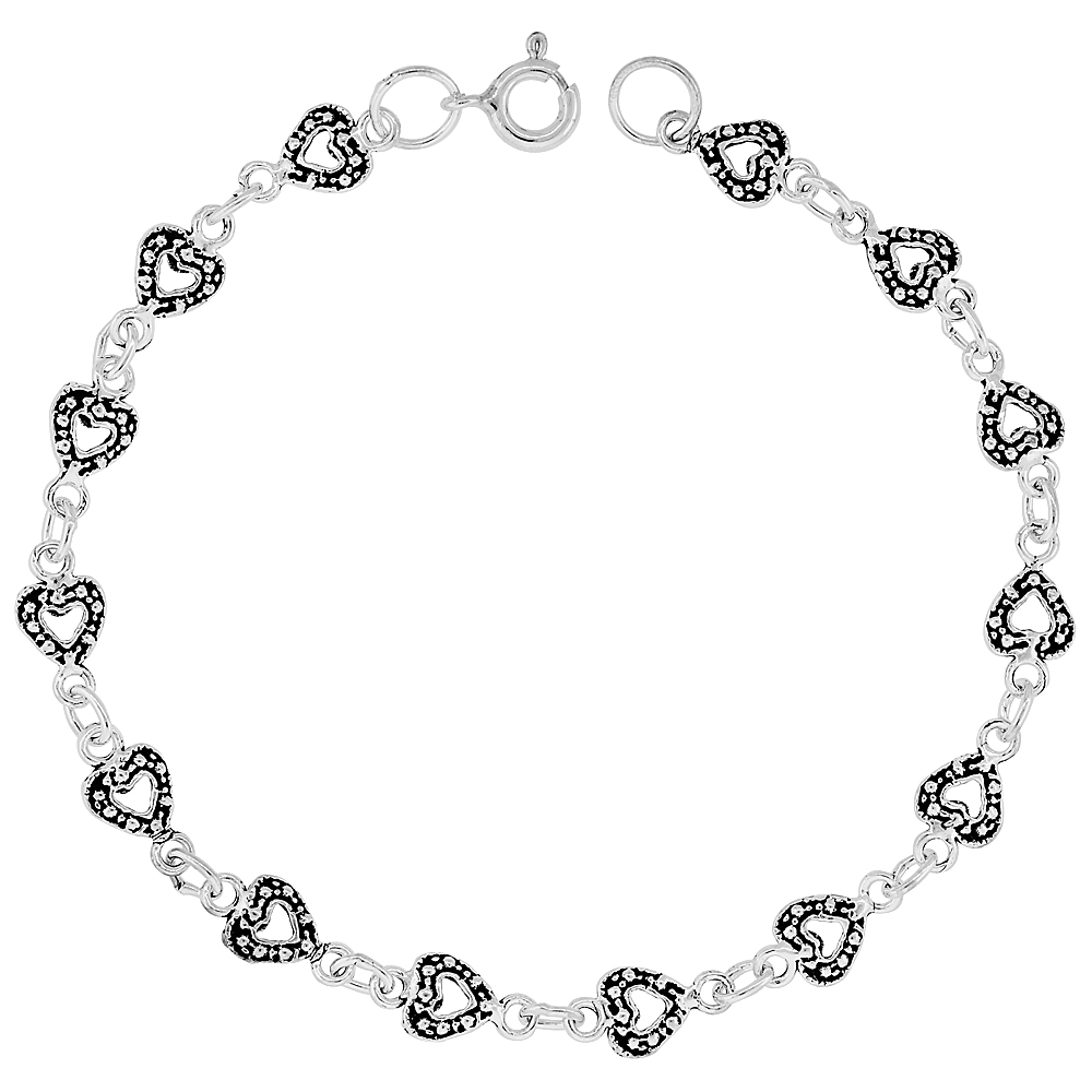 Dainty Sterling Silver Hearts Bracelet for Women and Girls, 1/4 wide 7.5 inch long