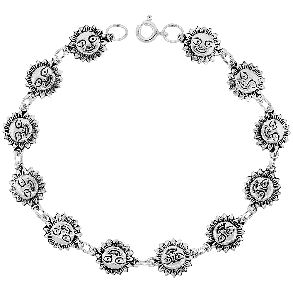 Dainty Sterling Silver Sun Bracelet for Women and Girls, 1/2 wide 7.5 inch long