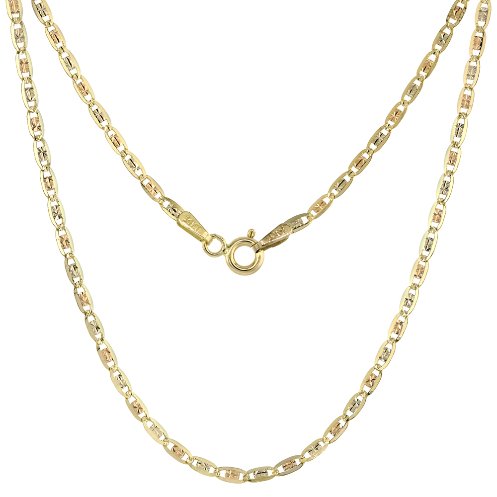 Solid 14K Tri-color Gold 2mm Star Diamond Cut Chain Necklace for Women Sparkling Flat Links 16-24 inch