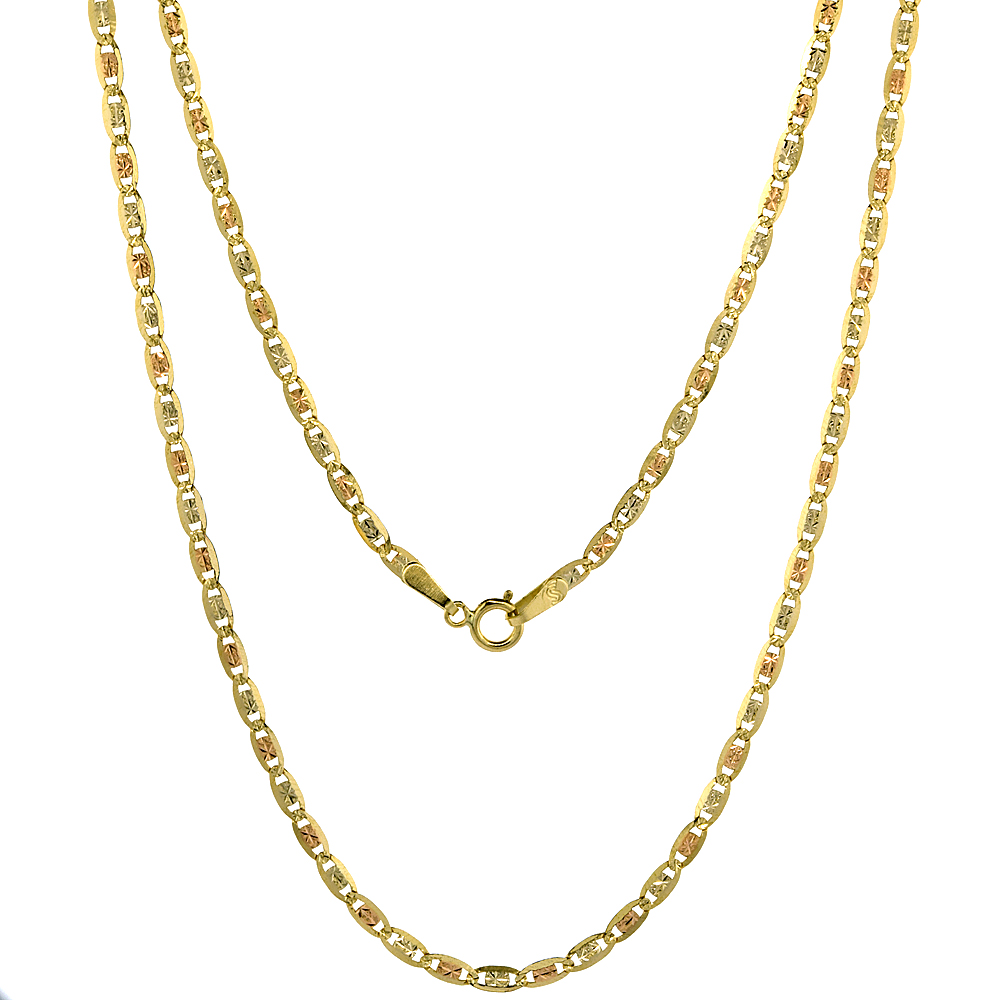 10K SOLID TRI-COLOR GOLD VALENTINO CHAIN NECKLACES DIAMOND CUT 2.1MM NICKEL FREE, 16-24 INCHES LONG
