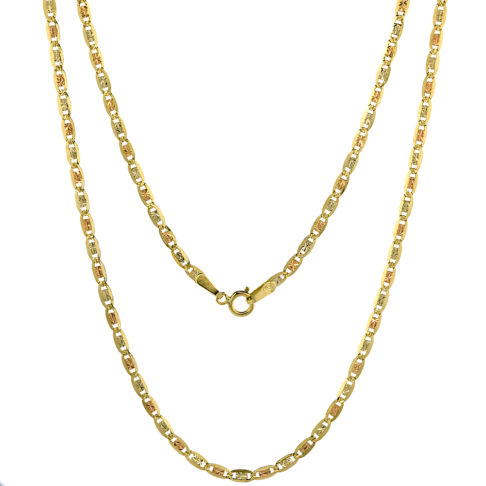 10K Solid Tri-color Gold Valentino Chain Necklaces Diamond cut 2.1mm Nickel Free, 16-24 inches long