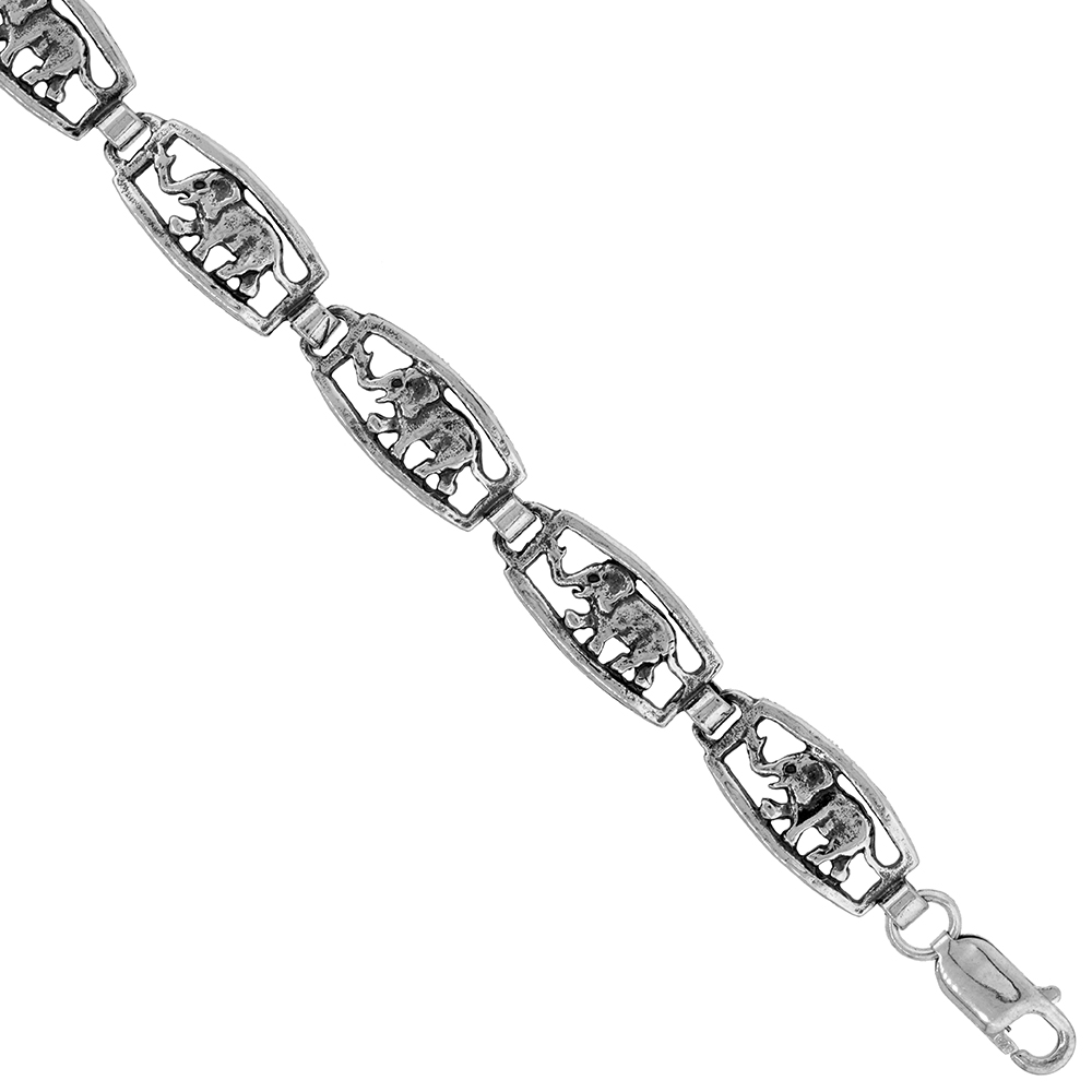Sterling Silver Elephant Bracelet for Women Linked Square Cut Outs Oxidized Antiqued Finished 3/8 wide 7 - 8 inch long