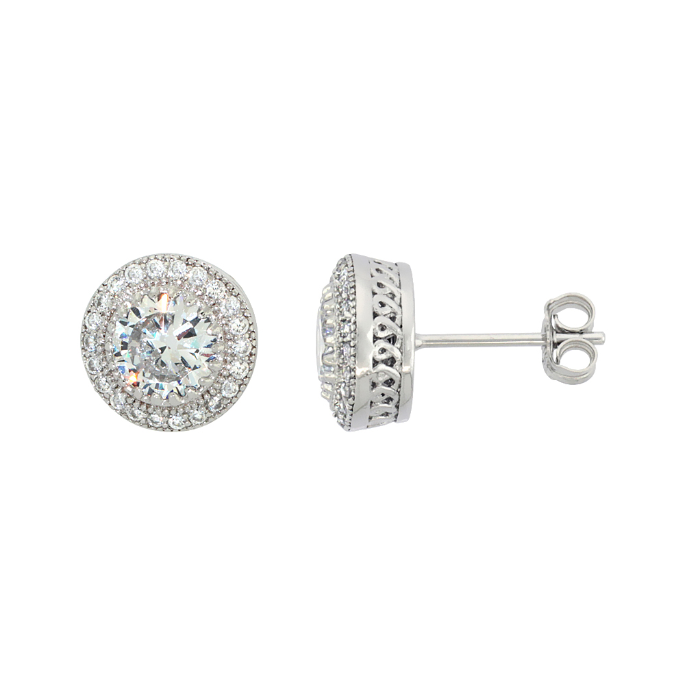 STERLING SILVER CUBIC ZIRCONIA MICRO PAVE HALO STUD EARRINGS 1 CT CENTER 3/8 INCH