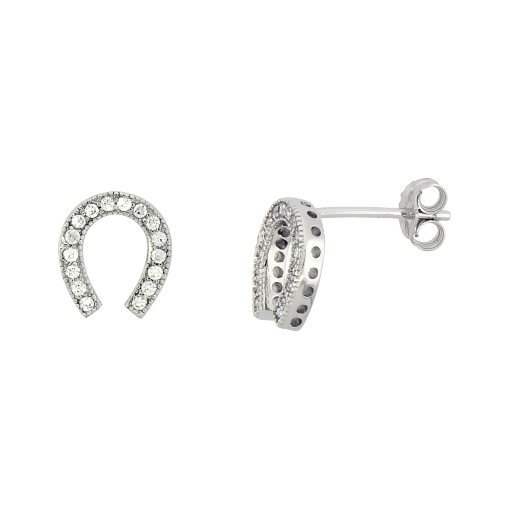 STERLING SILVER CUBIC ZIRCONIA MICRO PAVE HORSESHOE EARRINGS 3/8 INCH