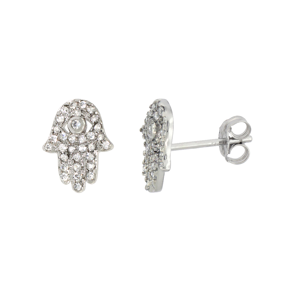 STERLING SILVER CUBIC ZIRCONIA MICRO PAVE SMALL HAMSA EARRINGS 3/8 INCH