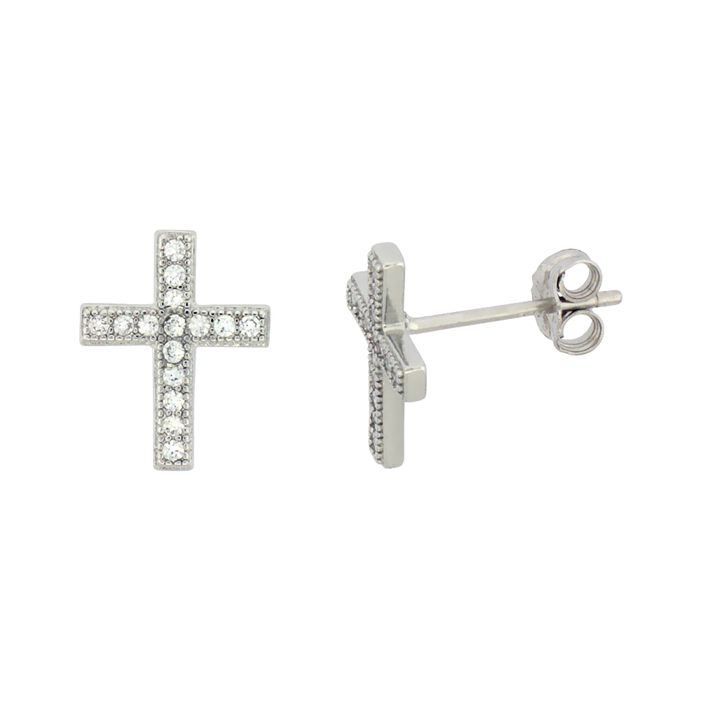 STERLING SILVER CUBIC ZIRCONIA CROSS STUD EARRINGS MICRO PAVE 1/2 INCH
