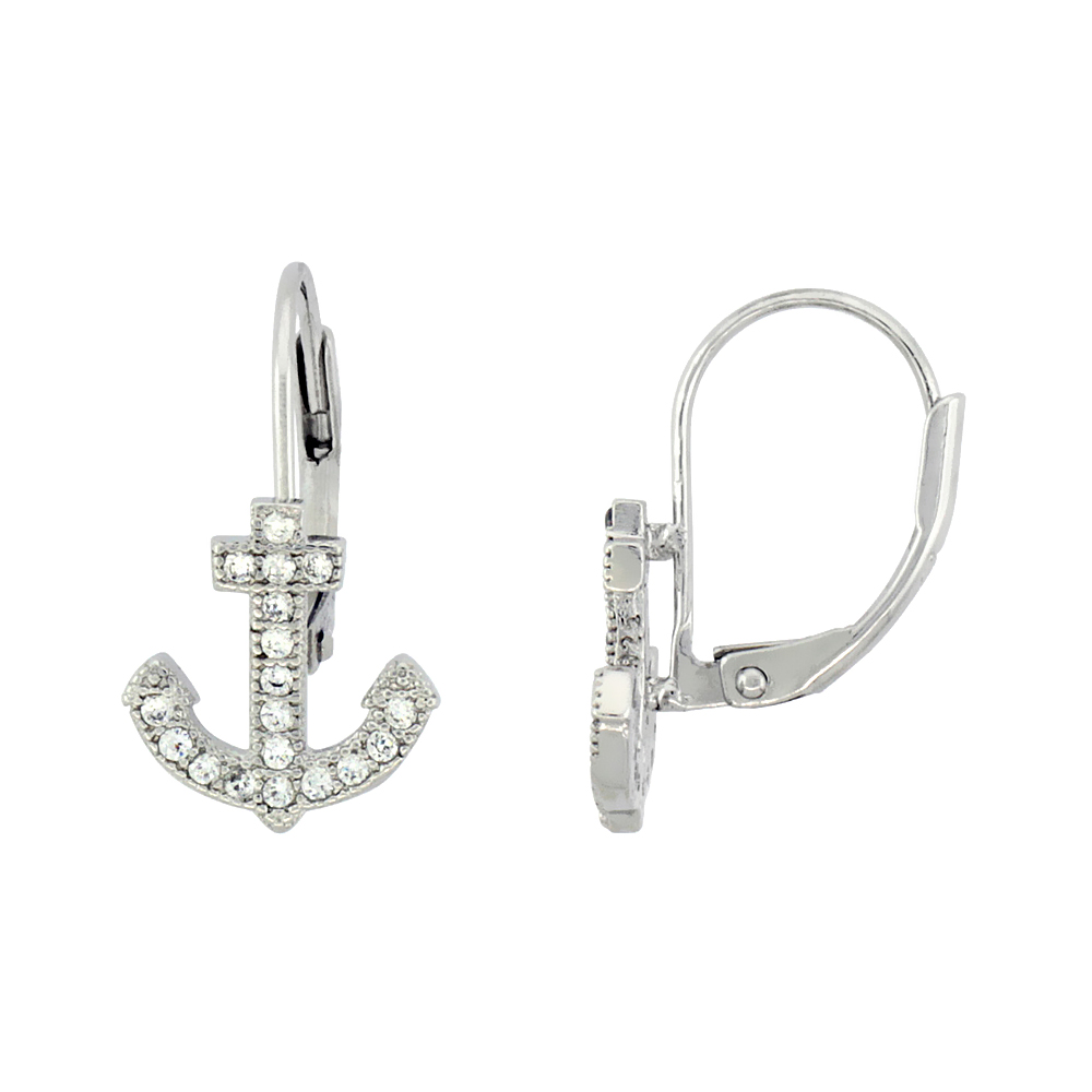Sterling Silver Cubic Zirconia Anchor Earrings Lever Back Micro Pave 7/16 inch