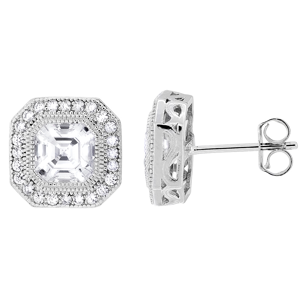 Sterling Silver Cubic Zirconia Micro Pave Octagon Stud Earrings 7/16 inch