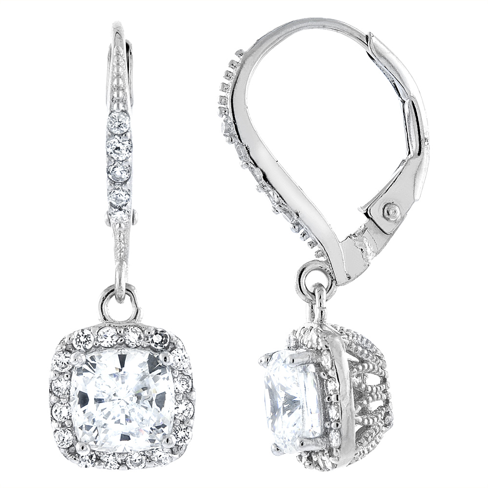 Sterling Silver Cubic Zirconia Square Dangling Lever Back Earrings 1 inch long