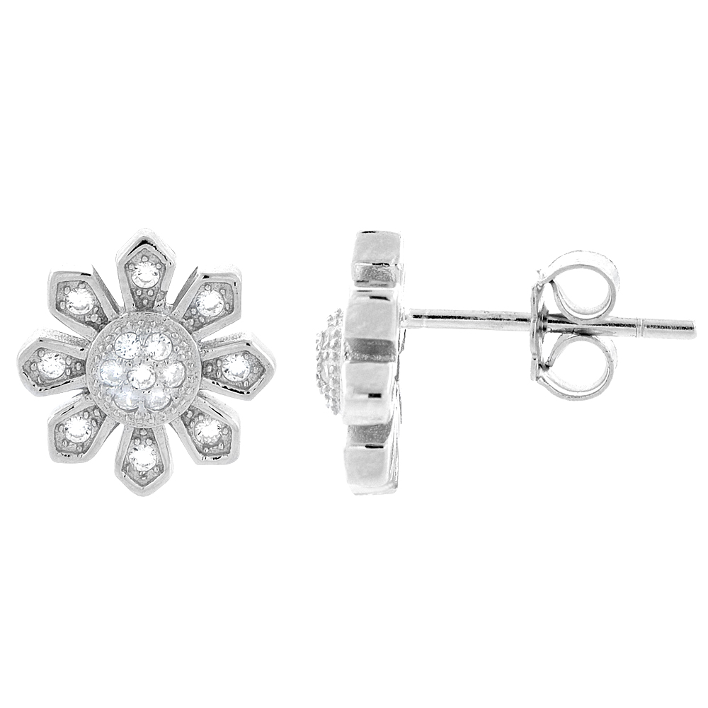 STERLING SILVER CUBIC ZIRCONIA MICRO PAVE SUN STUD EARRINGS 3/8 INCH WIDE