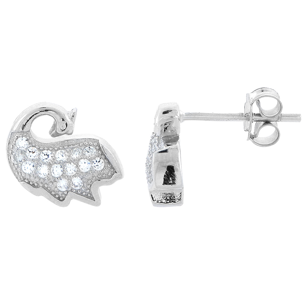 STERLING SILVER CUBIC ZIRCONIA MICRO PAVE SWAN STUD EARRINGS 3/8 INCH WIDE