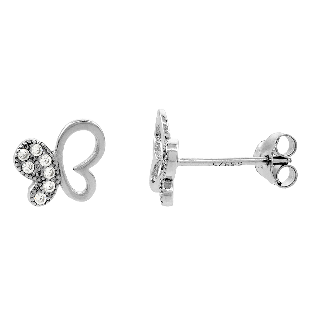 STERLING SILVER CUBIC ZIRCONIA MICRO PAVE BUTTERFLY STUD EARRINGS, 5/16 INCH LONG