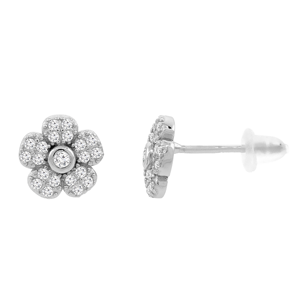 STERLING SILVER CUBIC ZIRCONIA MICRO PAVE FLOWER STUD EARRINGS, 1/4 INCH WIDE