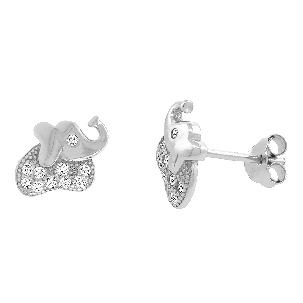 Sterling Silver Cubic Zirconia Micro Pave Elephant Stud Earrings, 1/4 inch wide