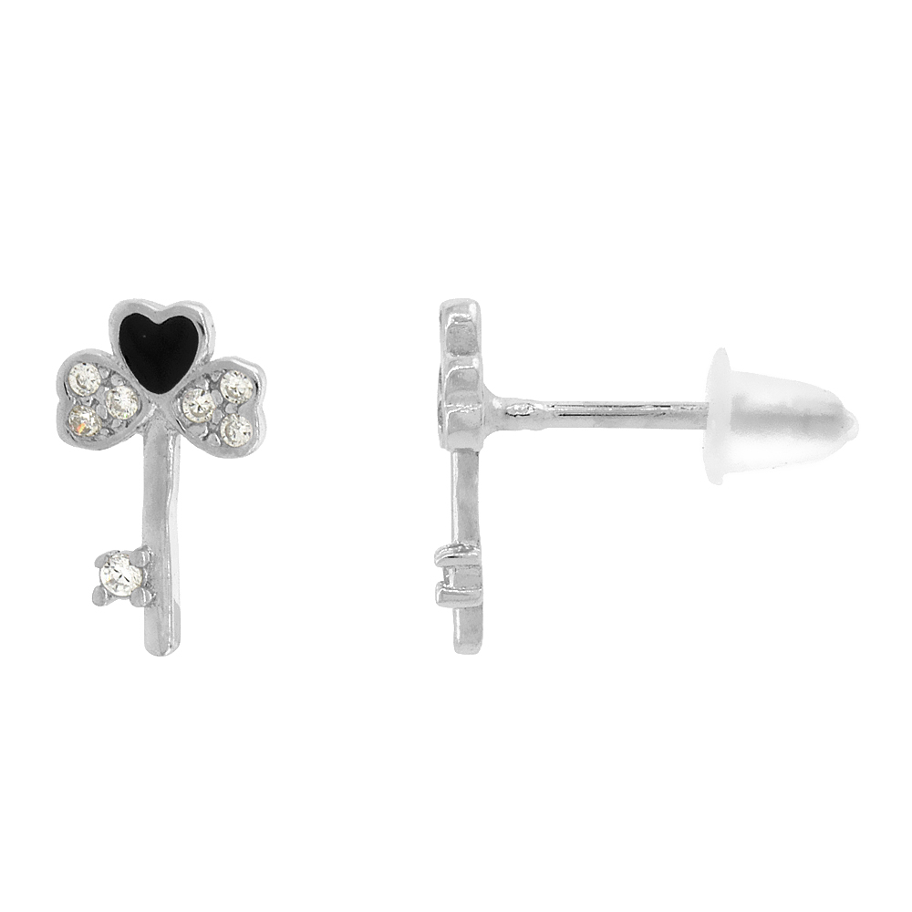 Sterling Silver Cubic Zirconia Micro Pave Key Clover Stud Earrings, 3/8 inch long