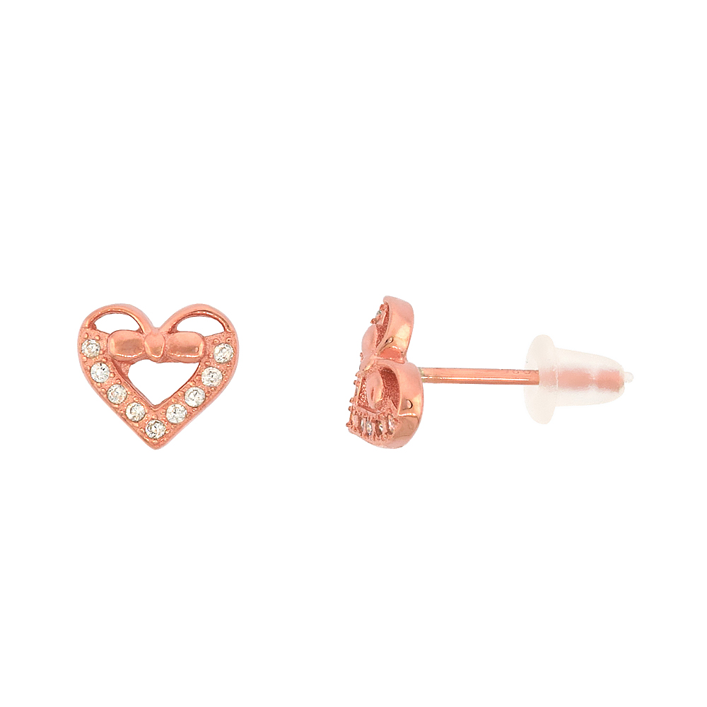 STERLING SILVER CUBIC ZIRCONIA MICRO PAVE OPEN HEART WITH BOW STUD EARRINGS, 5/16 INCH WIDE