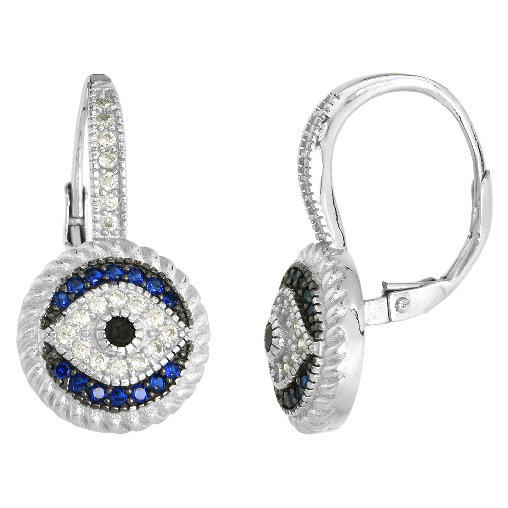 ART DECO STYLE STERLING SILVER EVIL EYE LEVER BACK EARRINGS WITH CZ SYNTHETIC BLUE SAPPHIRES 7/8 INCH