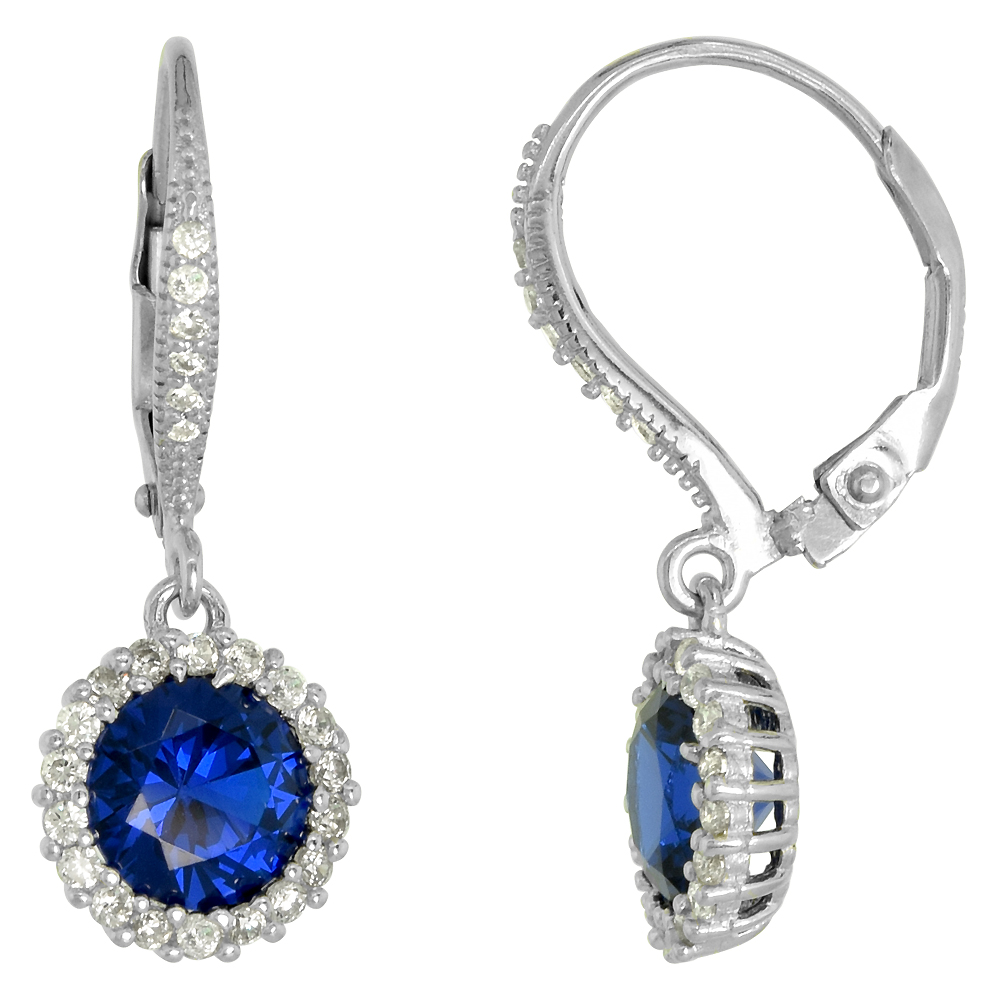 STERLING SILVER SYNTHETIC BLUE SAPPHIRE LEVERBACK DROP EARRINGS MICRO PAVE CZ 1 INCH