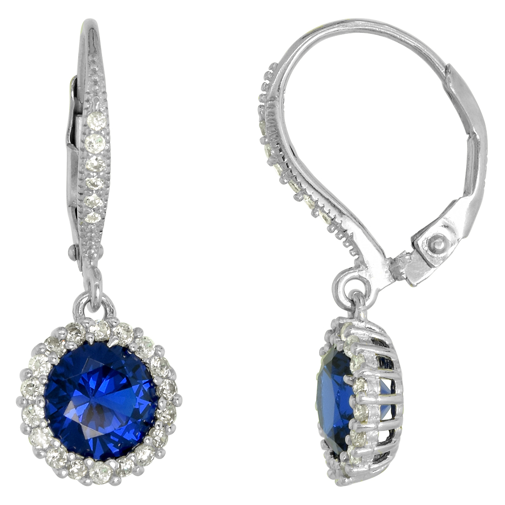 Sterling Silver Synthetic Blue Sapphire Leverback Drop Earrings Micro Pave CZ 1 inch