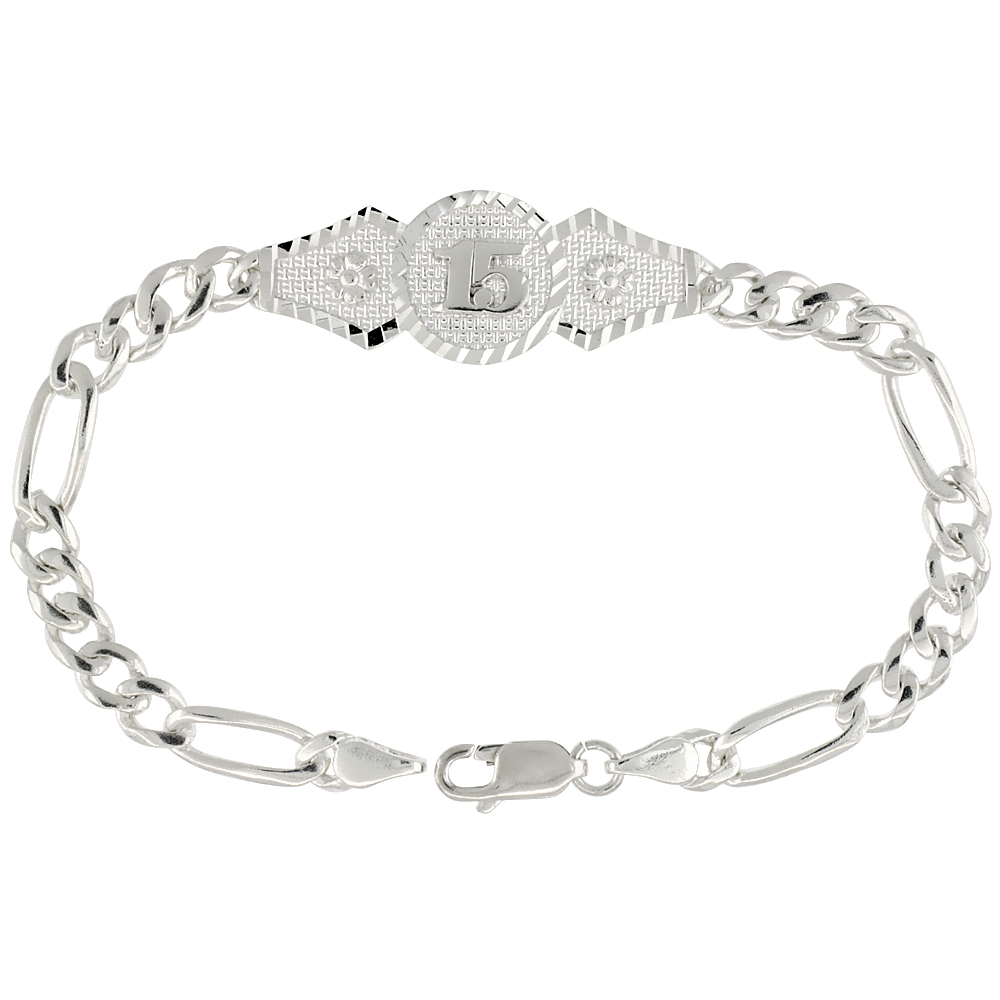 STERLING SILVER QUINCEANERA BRACELET WITH FIGARO LINKS DIAMOND CUT FINISH 1/2 INCH WIDE 7 INCH LONG