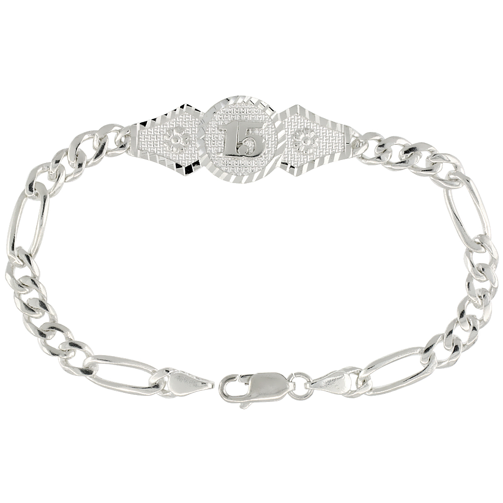 Sterling Silver Quinceanera Bracelet for Women with Figaro Links Diamond Cut finish 1/2 inch wide 8 inch long