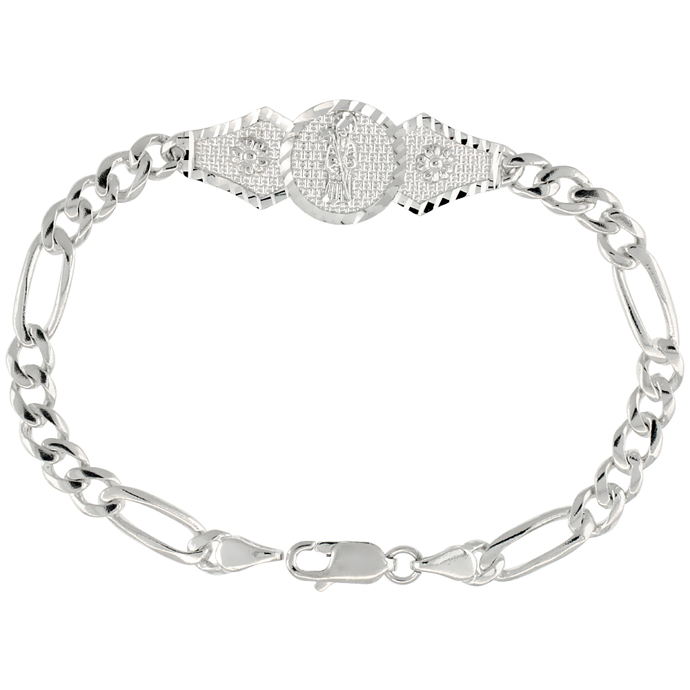 STERLING SILVER ST. JUDE BRACELET FOR WOMEN WITH FIGARO LINKS DIAMOND CUT FINISH 1/2 INCH WIDE 7 INCH LONG