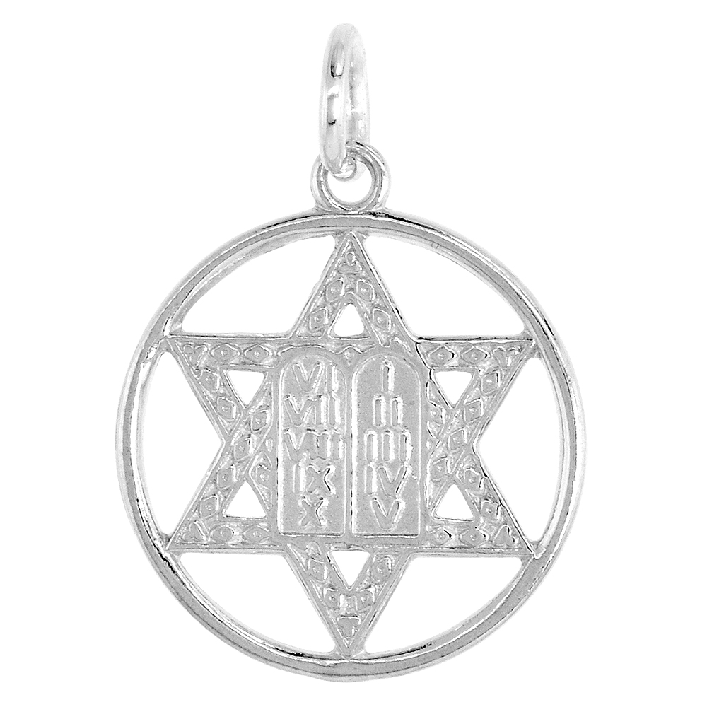 Small Sterling Silver Star of David Pendant with 10 Commandments 3/4 inch Round 16-18 inch 1mm Box_Chain
