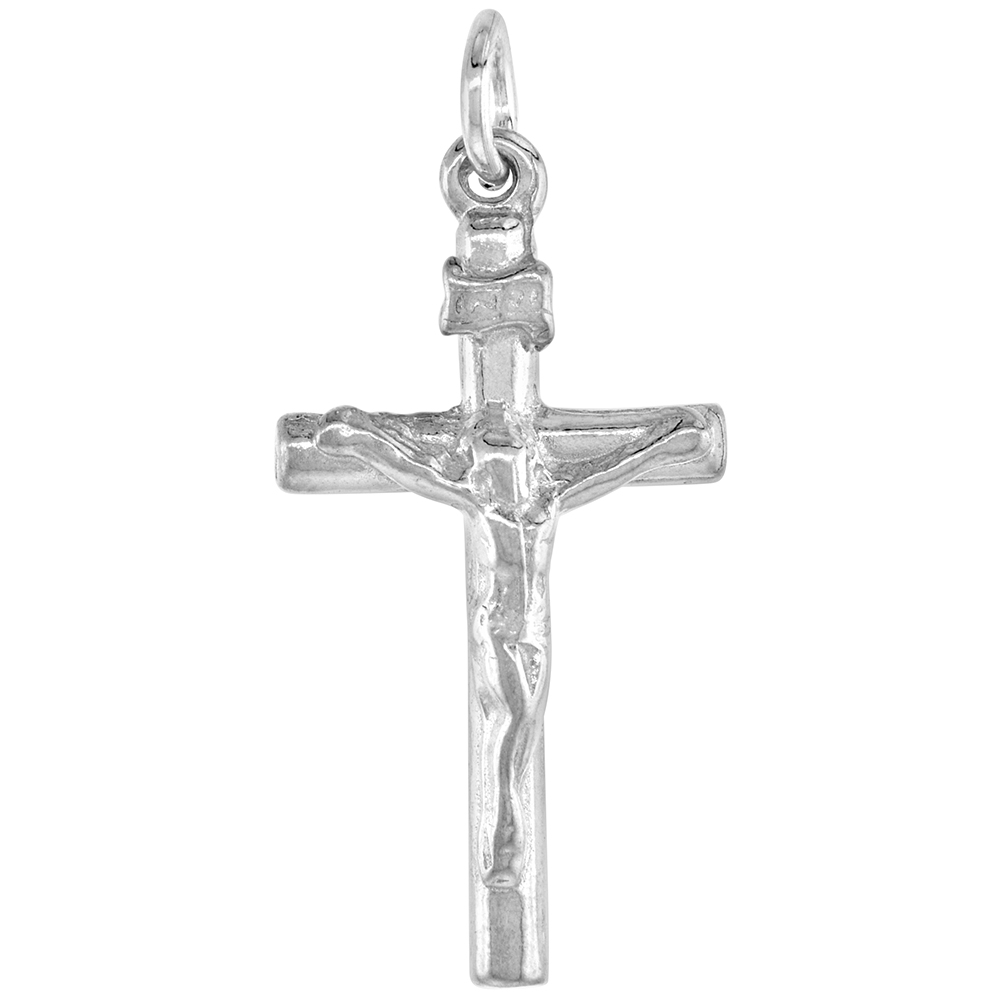 SMALL PLAIN TUBULAR STERLING SILVER CRUCIFIX PENDANT WOMEN MEN 1 INCH TALL