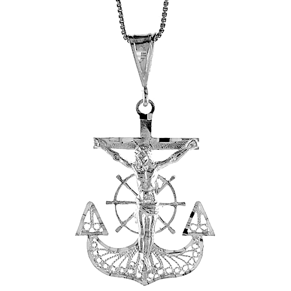 STERLING SILVER MARINERS ANCHOR CROSS PENDANT FILIGREE, 1 1/2 INCH