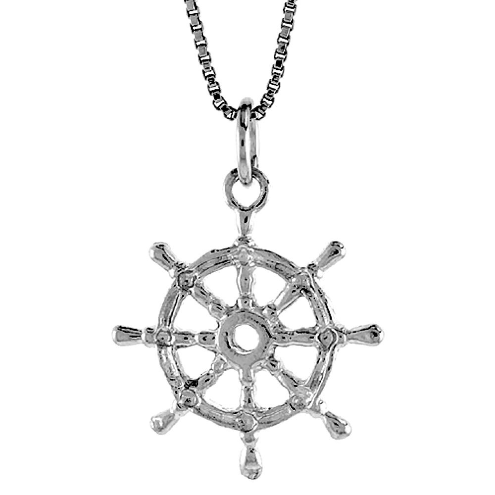 STERLING SILVER SHIPS WHEEL PENDANT, 7/8 INCH