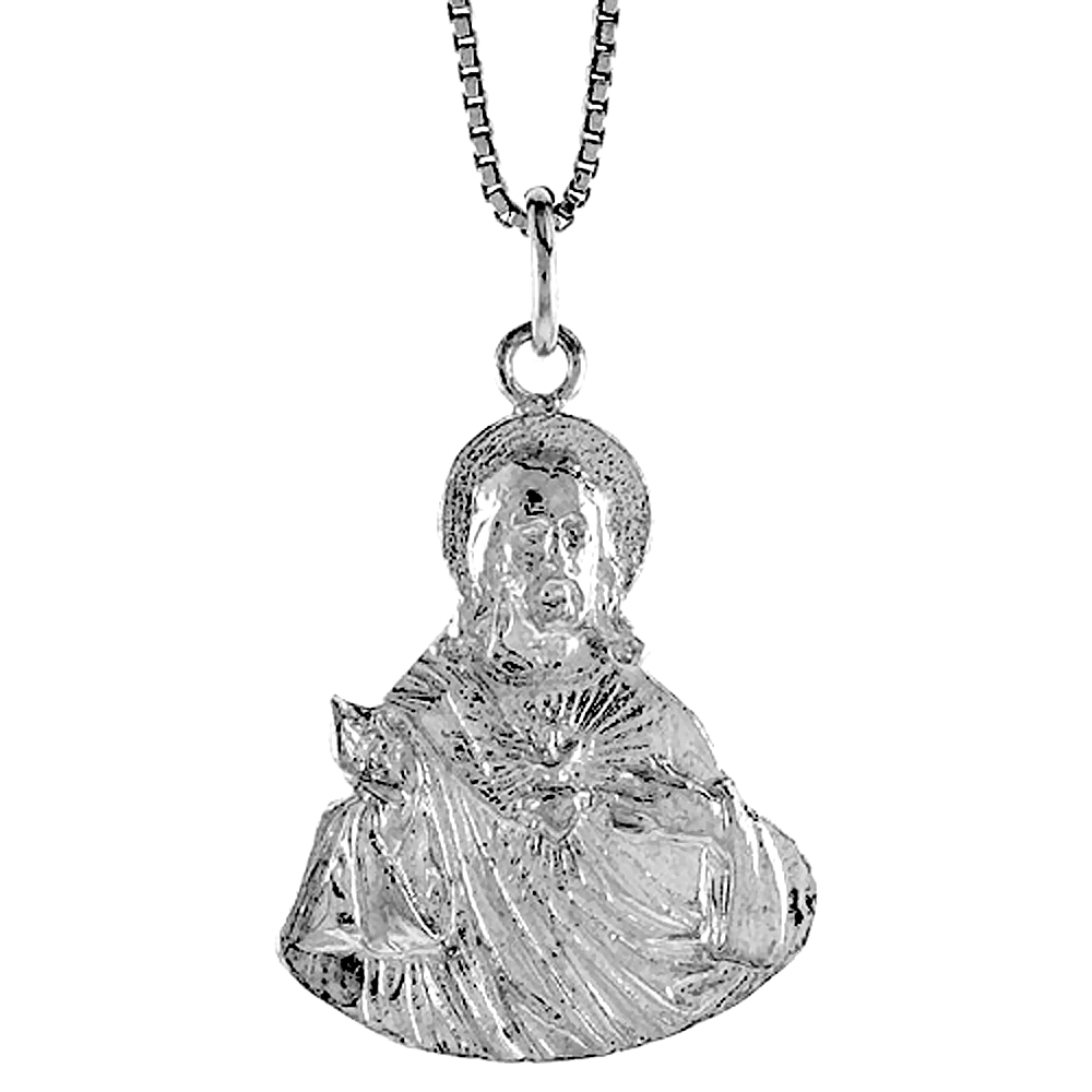 STERLING SILVER SACRED HEART OF JESUS PENDANT, 1 1/16 INCH