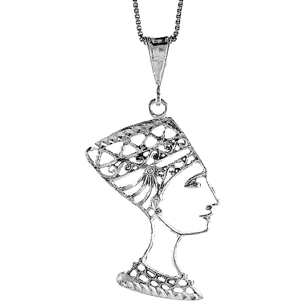 STERLING SILVER QUEEN NEFERTITI OF EGYPT PENDANT, 1 1/2 INCH