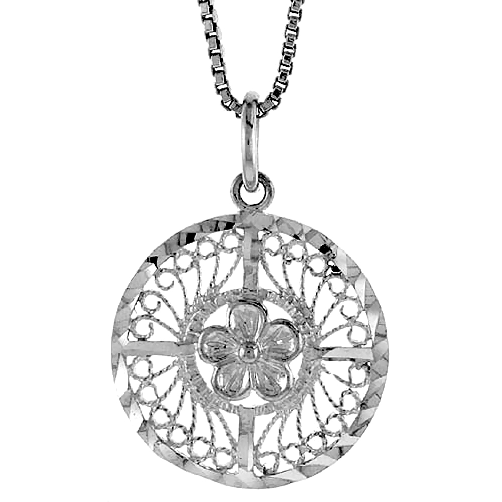STERLING SILVER ROUND FILIGREE PENDANT, 3/4 INCH TALL