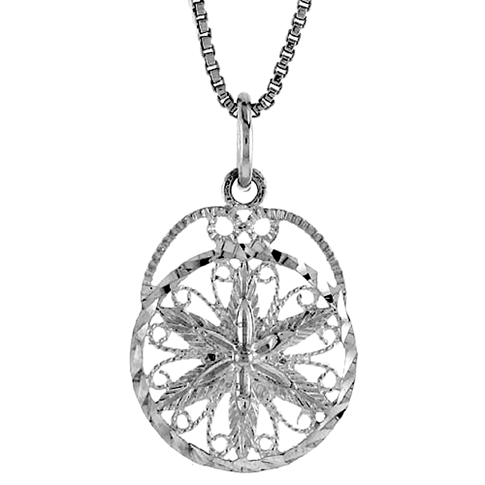STERLING SILVER ROUND FLORAL FILIGREE PENDANT, 3/4 INCH TALL