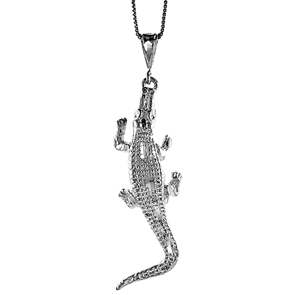 STERLING SILVER LARGE CROCODILE PENDANT, 2 1/2 INCH TALL