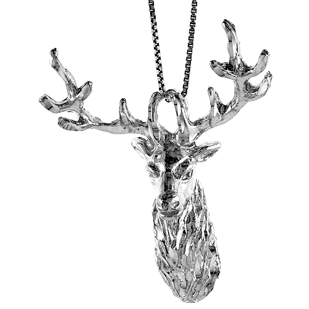 STERLING SILVER LARGE DEER HEAD PENDANT, 2 3/16 INCH TALL